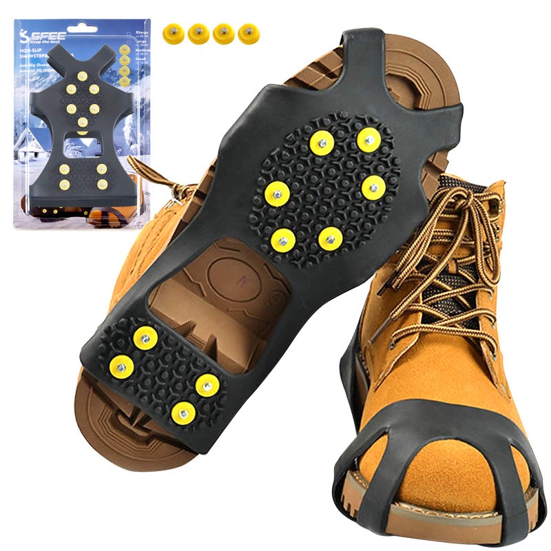 Sfee Ice Cleats for Boots Shoes, Snow Grips Cleats for Ice and Snow Anti-Slip Rubber Traction Cleats for Walking on Snow and Ice 10 Steel Studs Crampons for Hiking, Walking, Climbing, Jogging - Image 1